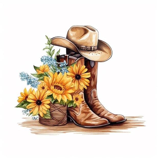 Des bottes de cow-boy et des tournesols dans un panier avec un chapeau.