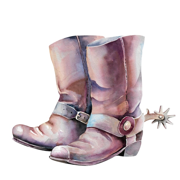 Des bottes en cuir de cow-boy avec des éperons Des chaussures brunes vintage élément illustration à l'aquarelle peinte à la main