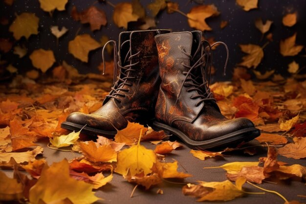 Bottes en cuir usées avec des feuilles d'automne éparpillées créées avec une IA générative