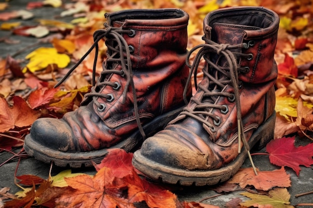 Bottes en cuir vieilli avec des feuilles d'automne autour d'elles créées avec une IA générative