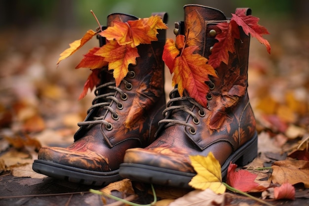 Bottes en cuir vieilli avec des feuilles d'automne autour d'elles créées avec une IA générative