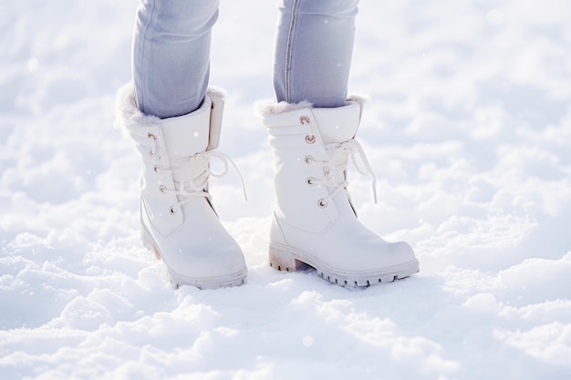 Des bottes de femme dans la neige Des jambes de femme avec des bottes blanches dans la neige profonde Fond d'hiver Illustration d'IA générative