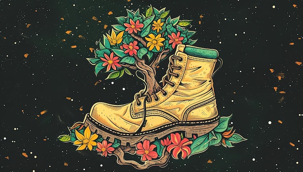 Des bottes avec des fleurs et des arbres dans l'espace cosmique