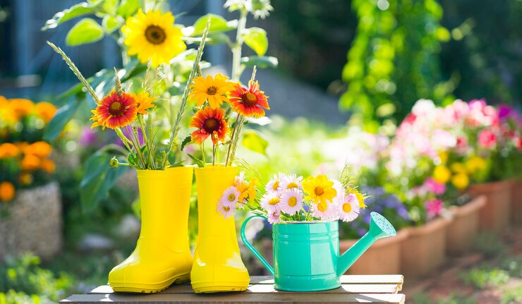 Photo bottes jaunes et arrosoir vert à fleurs