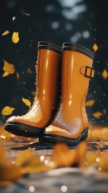 Photo bottes jaunes en caoutchouc dans un parc d'automne avec des feuilles d'oranger l'automne est arrivé