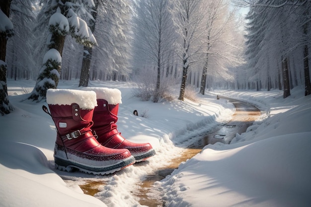 Des bottes de neige profonde sur une neige épaisse dans l'hiver froid de belles chaussures pour se réchauffer