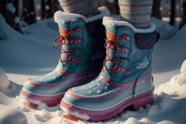 Des bottes de neige profonde sur une neige épaisse dans l'hiver froid de belles chaussures pour se réchauffer