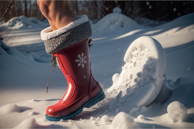 Photo des bottes de neige profonde sur une neige épaisse dans l'hiver froid de belles chaussures pour se réchauffer