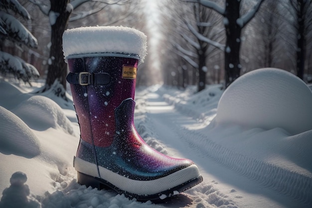 Photo des bottes de neige profonde sur une neige épaisse dans l'hiver froid de belles chaussures pour se réchauffer