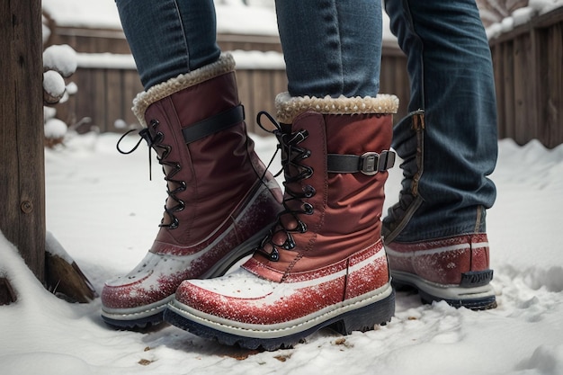 Photo des bottes de neige profonde sur une neige épaisse dans l'hiver froid de belles chaussures pour se réchauffer