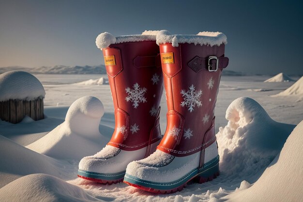 Photo des bottes de neige profonde sur une neige épaisse dans l'hiver froid de belles chaussures pour se réchauffer