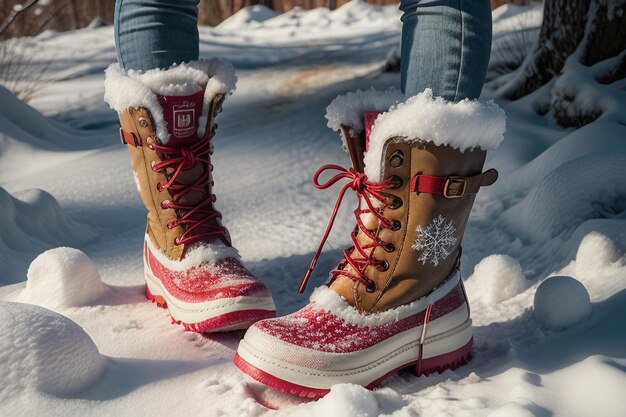 Photo des bottes de neige profonde sur une neige épaisse dans l'hiver froid de belles chaussures pour se réchauffer