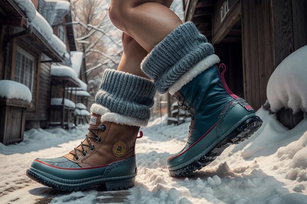 Photo des bottes de neige profonde sur une neige épaisse dans l'hiver froid de belles chaussures pour se réchauffer