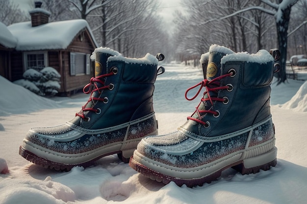 Bottes de neige profondes sur neige épaisse en hiver froid, belles chaussures pour rester au chaud