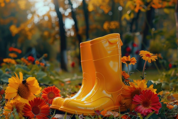 Photo des bottes de pluie jaunes placées sur un champ de fleurs colorées idéales pour le printemps et les concepts de jardinage