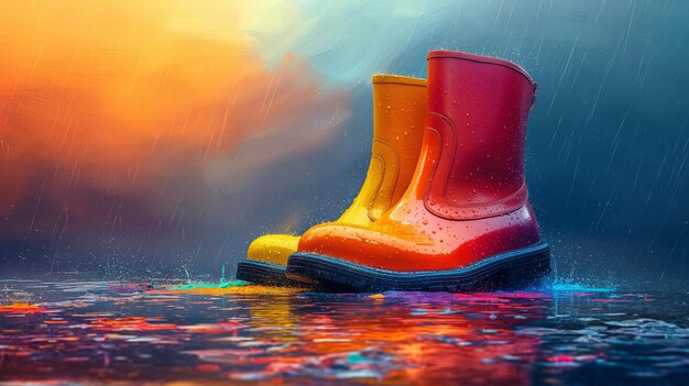 Photo bottes de pluie multicolores sur un fond multicolore ia générative