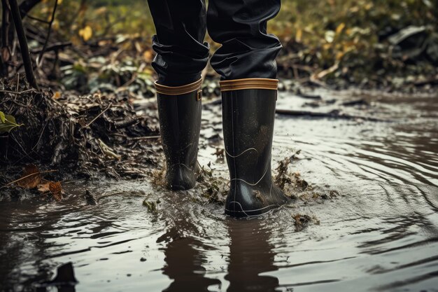 Photo des bottes de protection en caoutchouc dans une maison inondée générer ai