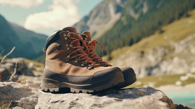 Des bottes de randonnée au sommet d'un rocher