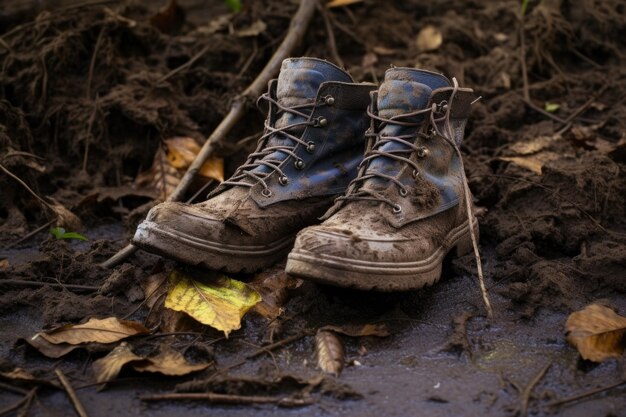 Des bottes de randonnée coincées dans la boue épaisse des feuilles autour créées avec l'AI générative