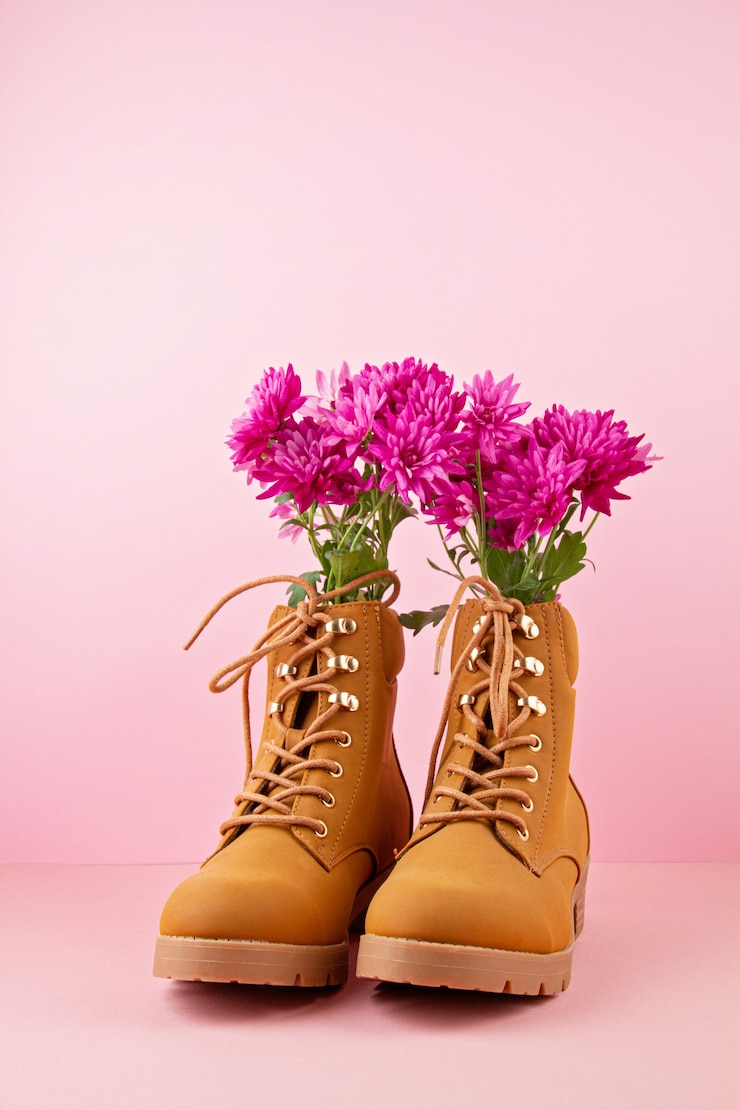 Photo bottes de randonnée avec des fleurs roses à l'intérieur