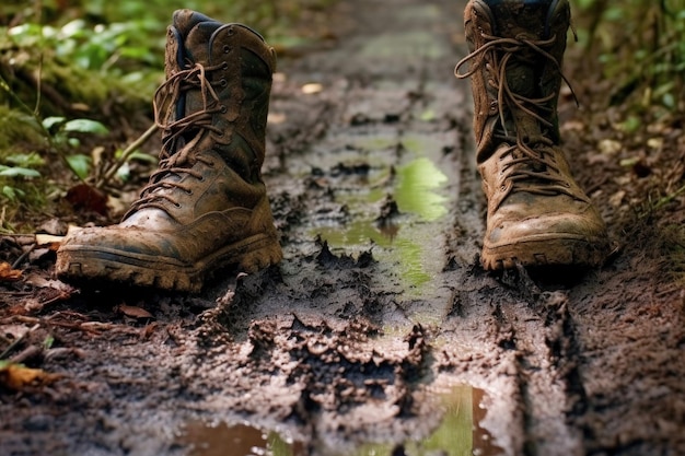 Des bottes de randonnée laissant des empreintes boueuses sur le sentier créé avec l'IA générative