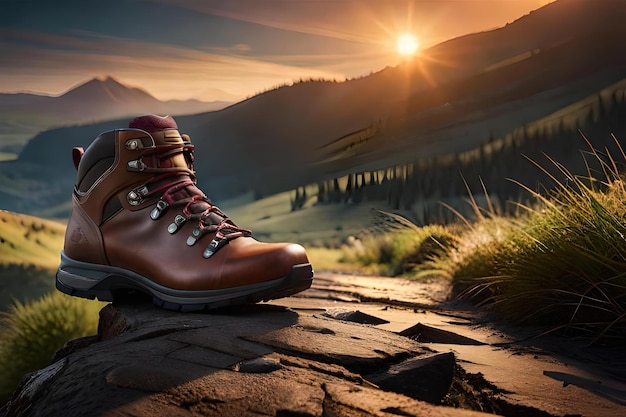 Des bottes de randonnée sur une montagne avec un beau fond