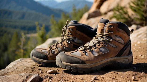 Des bottes de randonnée robustes sur un sentier de montagne au coucher du soleil