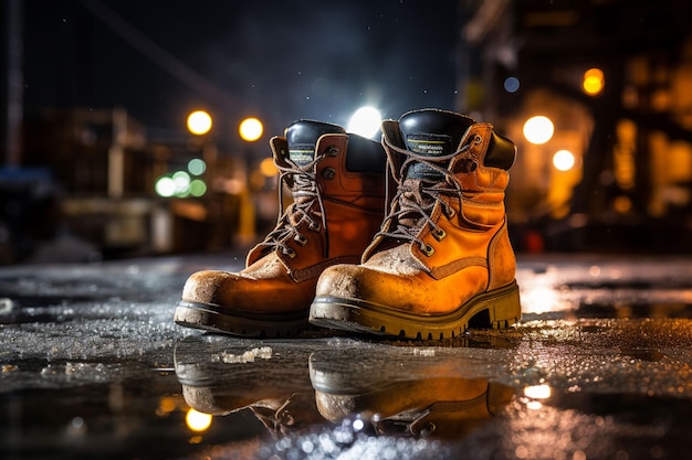 Des bottes de travailleurs de la construction sur un terrain humide avec un chantier de construction en arrière-plan éclairé la nuit