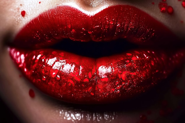 Bouche de femme avec des lèvres rouges ouvertes avec un brillant sanglant Generative AI
