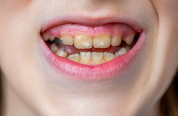 La bouche d'un homme avec des dents jaunes tordues en gros plan Problème dentaire Dents jaunes d'un