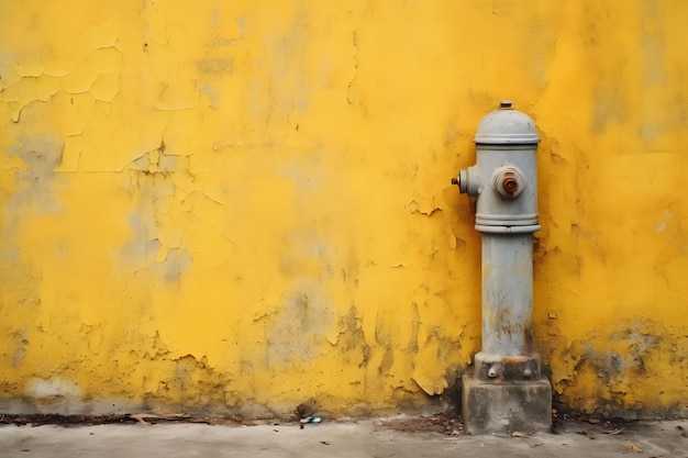 Une bouche d'incendie rouillée se dresse contre un mur jaune vibrant dans un environnement urbain