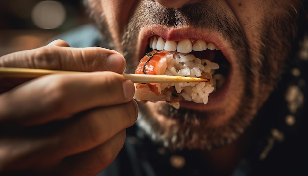 La bouche d'une personne mangeant des rouleaux de sushi japonais avec des baguettes de satisfaction dans un fast-food oriental