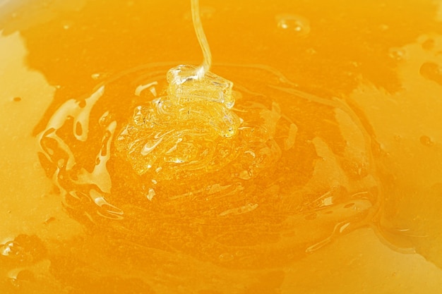 Bouchent l'arrière-plan de verser du miel d'acacia fluide épais frais dans un bol, vue grand angle
