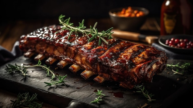 Bouchent les côtes levées de barbecue brunes avec une pincée de légumes verts hachés et un arrière-plan flou