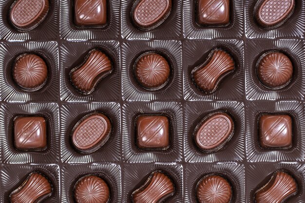 Bouchent fond de bonbons au chocolat brun. Assortiment de bonbons au chocolat dans la boîte