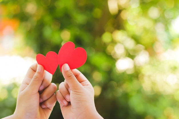 Bouchent la main des enfants tenant un mini coeur sur fond vert.