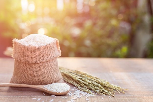 Bouchent riz au jasmin thaïlandais dans un petit sac sur la table en bois avec flou de la lumière du soleil