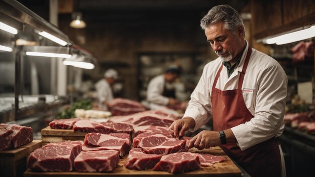 Un boucher d'âge moyen prépare de la viande à la boucherie.