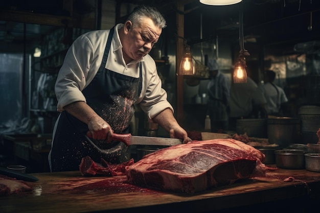 Boucher coupant un morceau de viande crue dans une boucherie Un boucher aiguisant un grand couperet à viande Généré par l'IA