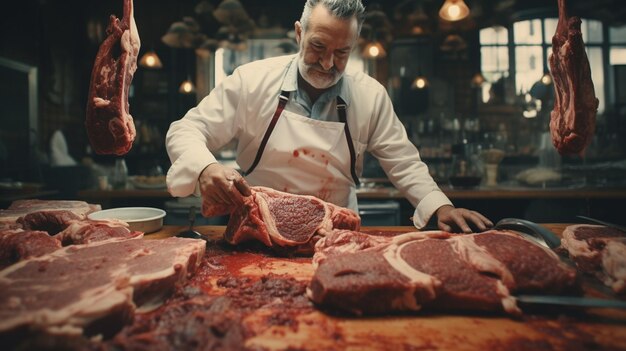 Boucher coupant la viande sur la table