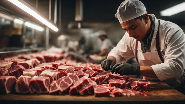 Photo le boucher découpe de la viande fraîche en morceaux.