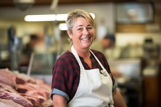 Boucher, femme, âge moyen, sourire amical, arrière-plan du lieu de travail