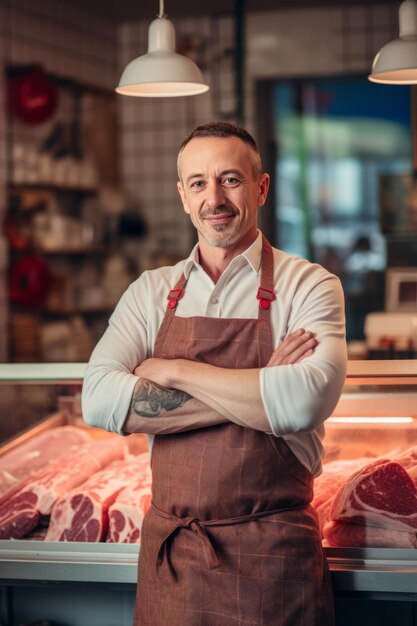 Photo un boucher heureux debout avec les bras croisés dans un magasin de viande moderne