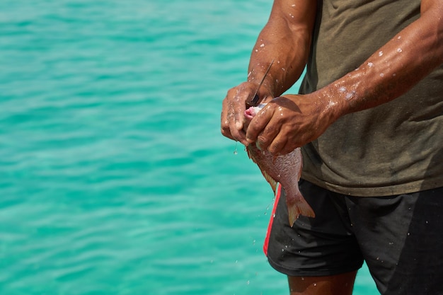 Un boucher de poisson sur la jetée avec de l'eau de mer en arrière-plan