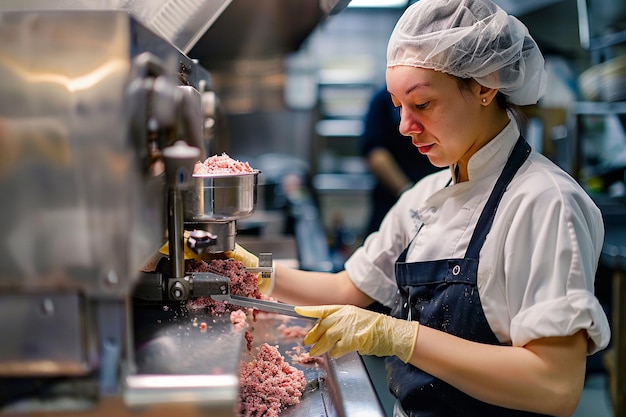 Un boucher prépare de la viande hachée en usine avec une IA générée