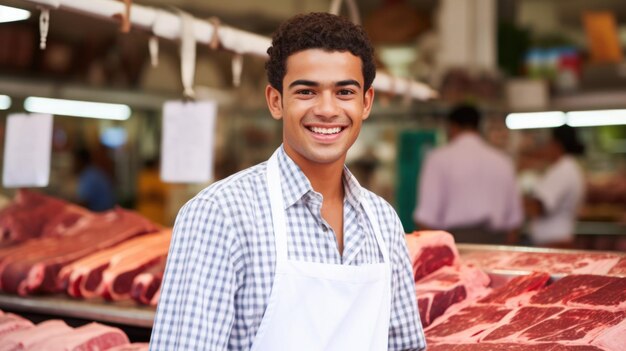 Un boucher souriant dans sa boutique