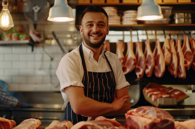 Le boucher sympathique souriant au comptoir de viande avec l'IA générée