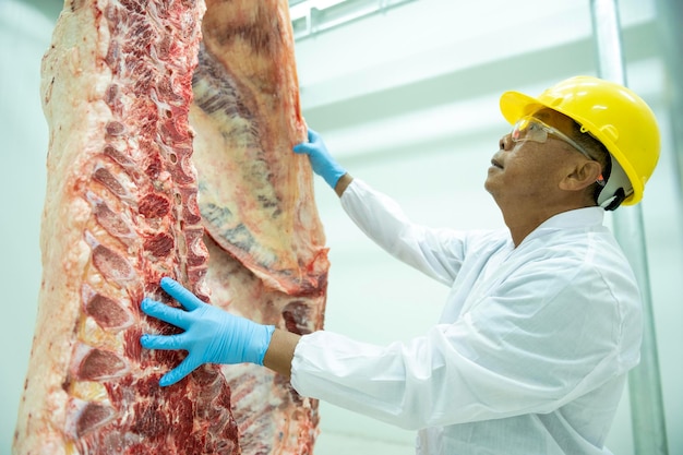 Un boucher wagyu tenant une tablette inspecte les pièces compte le stock de boeuf wagyu japonais suspendu dans la chambre froide