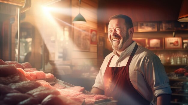 Photo boucherie souriante vend de la viande de bœuf fraîche en magasin, fond de lumière du soleil, un marchand de viande heureux et prospère propose à ses clients un assortiment de viandes dans une boucherie, des fournitures de viande de bœuf, des réductions sur l'ia générative