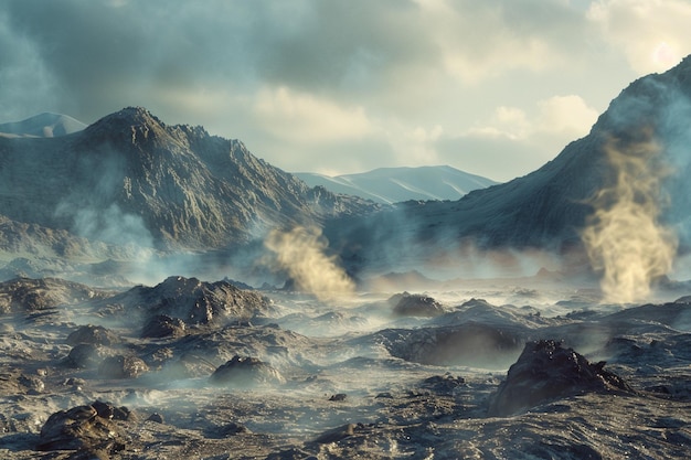 Des bouches géothermiques fumantes dans un paysage volcanique